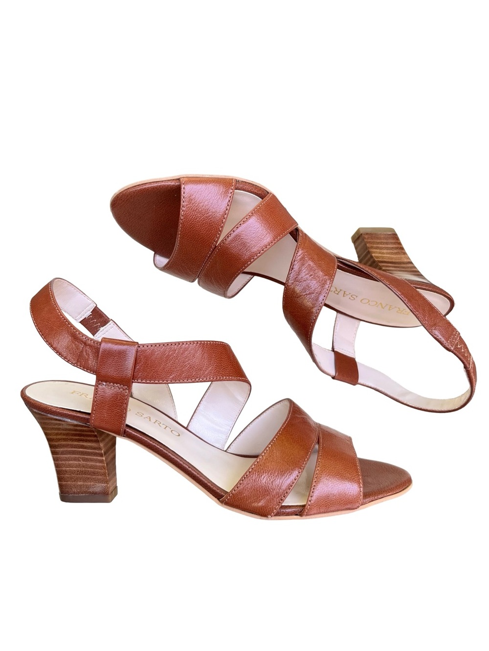Franco Sarto Leather Block Heel Sandals Cognac Brown 7